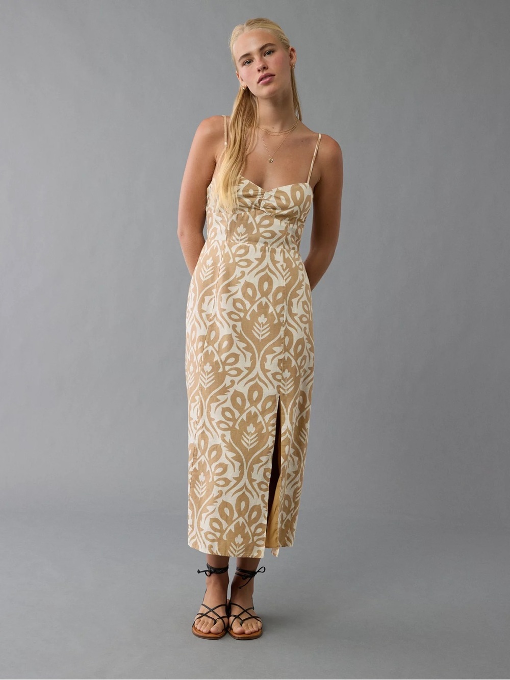 AE Catie Corset Printed Column Midi Dress beige & white